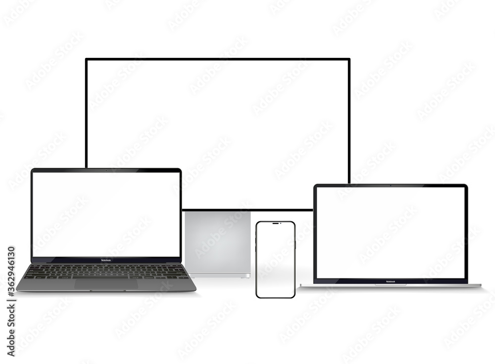 Poster vector minimalistic 3d isometric illustration set device. smartphone, laptop, tablet, tv perspective