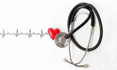 Examine the heart to prevent heart disease. Heart sign, cardiogram, stethoscope on white background...