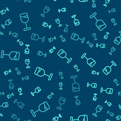 Green line Wine glass icon isolated seamless pattern on blue background. Wineglass icon. Goblet symbol. Glassware sign. Happy Easter. Vector.