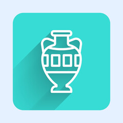 White line Ancient amphorae icon isolated with long shadow. Green square button. Vector.