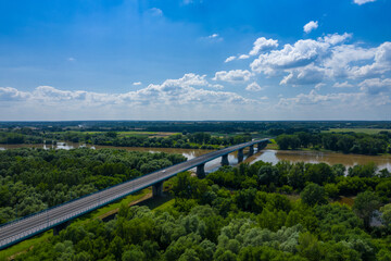 Bridge over Vistula river in Kamien, Poland. Aerial view of Vistula river, the longest river in Poland.