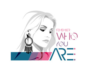 print banner with girl sketch and slogan Remember who you are