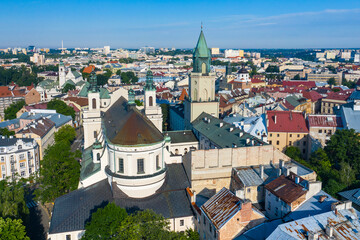 Lublin. Poland. Aerial view of old town. Touristic city center of Lublin bird's eye view. Popular tourist destinations from above. - obrazy, fototapety, plakaty