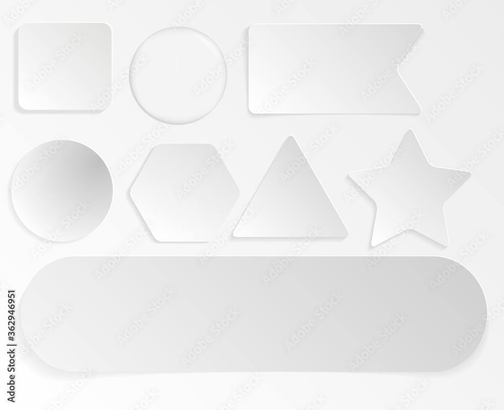 Poster set of white different shaped stickers and flags realistic style, vector illustration isolated on tr