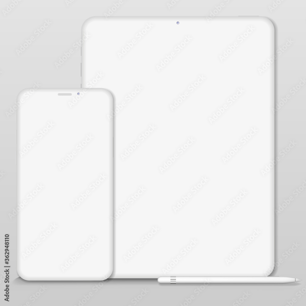 Aufkleber White vector clay render digital tablet mock up isolated on white background. Origami paper material template with realistic drop shadow.