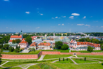 Zamosc, Poland. Aerial view of old town and city main square with town hall. Bird's eye view of the...