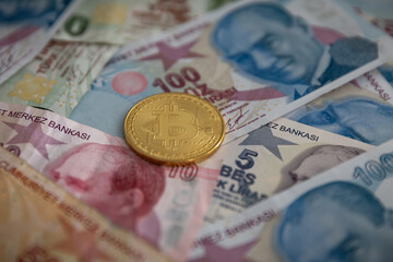 Various Turkish Lira Banknotes and Bitcoin