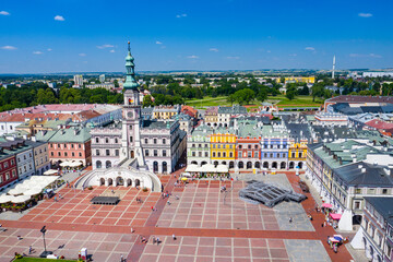 Zamosc, Poland. Aerial view of old town and city main square with town hall. Bird's eye view of the old city. UNESCO World Heritage Sites in Poland. Lublin Voivodeship. Zamosc, Poland, Europe. - obrazy, fototapety, plakaty