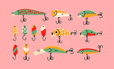 Naklejka premium Big set of Various Fishing Lures. Different Spoons, Wobblers: crank, popper and minnow. Hand drawn colored Vector illustration. All elements are isolated on a pink background