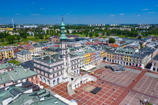 Zamosc, Poland. Aerial view of old town and city main square with town hall. Bird's eye view of the old city. UNESCO World Heritage Sites in Poland. Lublin Voivodeship. Zamosc, Poland, Europe.