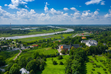 Sandomierz, Poland. Aerial view of Vistula river and green fields.