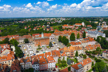 Naklejka na ściany i meble Sandomierz, Poland. Aerial view of medieval old town with town hall tower, gothic cathedral.