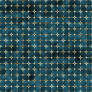 Watercolor abstract geometric dark teal stripe plaid seamless pattern with gold glitter line contour