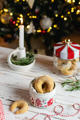 Christmas crescent cookies, traditional homemade christmas bakery with candle