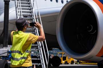 The engine of the plane. Turbine. Airport employee. Control of the technique. A green vest. Plane. 