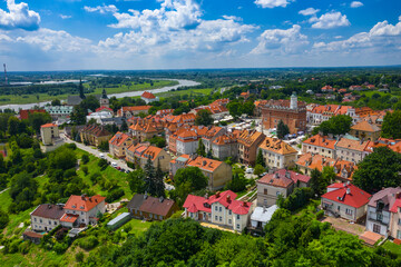 Sandomierz, Poland. Aerial view of medieval old town with town hall tower, gothic cathedral.