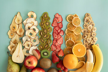 Dried fruits and fruit chips along with the fresh fruit of which they are made.