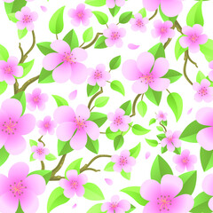 Vector Pink Sakura Flowers Seamless Pattern