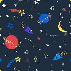 childish space seamless pattern with hand drawn elements, rockets, stars, planet on dark blue background