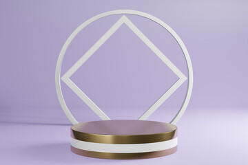 White and golden cylinder product stand.on purple background, pedestal podium display, 3D Rendering.