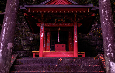 Templo de madera japonés rojo en otoño