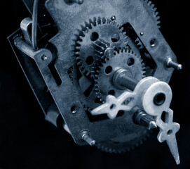 vintage clock brass mechanism close up monochrome image
