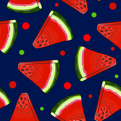 Seamless beautiful watermelon pattern on a dark blue background. Bright and tasty berry for textile design. Summer trendy Food ornament 