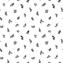 Leaves and branches vector seamless pattern. Black brush leaves, twigs and small flowers. Black branch modern ornament, ink texture with foliage. Hand drawn eucalyptus twig. Abstract plant motif