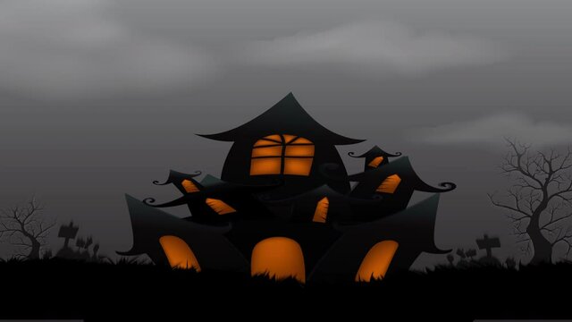 Animation of the spooky haunted castle. Halloween scary night with grass and trees moving