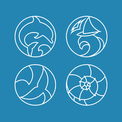 Set of logo badges with ocean wave, dolphin, whale tail, sailboat and seashell in a circular shape.