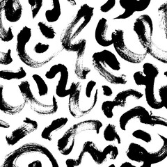 Curly waves hand drawn seamless pattern. Ink brush grunge vector texture. Black wavy lines on white background. Paint brushstrokes freehand drawing. Abstract wrapping paper, textile monochrome design.