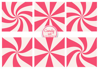 Vector set of striped, pink, sweet abstract candy backgrounds. Templates for design.