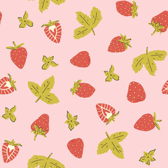 Strawberry fruit seamless pattern in flat style on pink background. Texture for - fabric, wrapping, textile, wallpaper, apparel. 