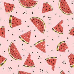 Watermelon fruit seamless pattern in flat style on pink background. Texture for - fabric, wrapping, textile, wallpaper, apparel. 