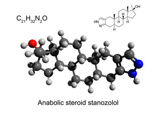 Chemical formula, structural formula and 3D ball-and-stick model of anabolic steroid stanozolol, white background