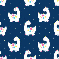Cute dinosaurs seamless pattern on starry sky background. Vector illustration for children. Printing for packaging, fabric, textile, wallpaper.