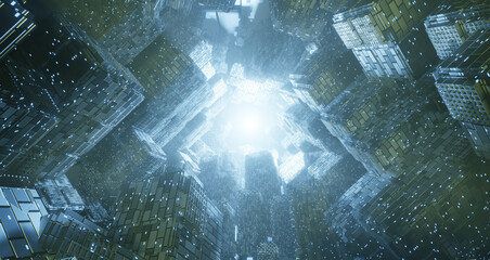 abstract futuristic background of dark city building with light future technology concept , 3d rendering