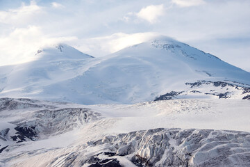 Panoramic view of glacier mountains of Elbrus region, Russia