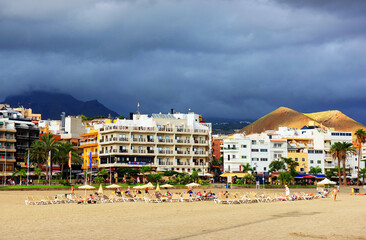 Stormz clouds over Playa de las Americas in Tenerife, Spain, Europe