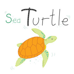 Vector doodle sea turtle. Cartoon sea animal on white background. Design for child book, page, posters, card. Funny wildlife, sea turtle, reptile. Zoo alphabet for kids with cute animals. Letter T.