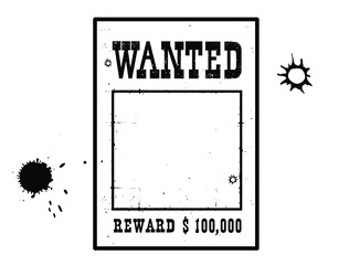 Wanted poster for portrait. American Western grunge paper for design on white background