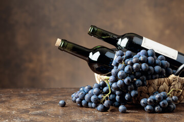 Blue grapes and bottles of red wine on a brown background.