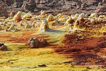 Salt ponds, bubbling chimneys and salt terraces form the bottom of the volcanic crater Dallol, Ethiopia: The Hottest Place on Earth,Danakil Depression.North Ethiopia,Africa
