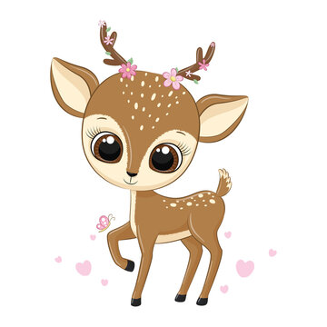 Animal illustration cute little deer with flowers.
