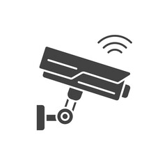 Video surveillance camera black glyph icon. 24 hours monitoring. CCTV. Hotel security system. Pictogram for web page, mobile app, promo. UI UX GUI design element.