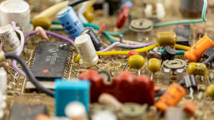 old dusty electronic Board from the radio,soft focus