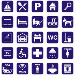 hotel, set icon, isolated vector symbols, white silhouette on blue background