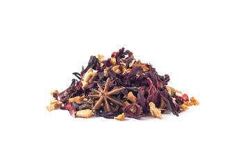 Heap of fruit and herbal tea with hibiscus dried leaves, citron peels, ginger, etc. isolated on white
