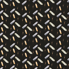 Occult magic crystal halloween pattern. Squared seamless pattern on a black background. Textural watercolor digital art. Print for wrapping paper, fabric, stationery, invitation