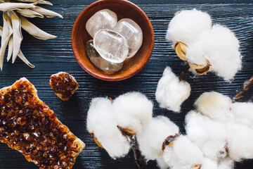 Teak Bowl of Quartz with Natural Cotton, White Sage and Citrine Crystals